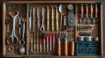 Various vintage nail salon technicians tools on display, flat lay style.