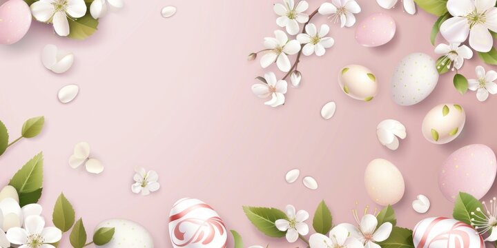 Blooming Delicacies: A Whimsical Pink Tapestry Bursting With Fragrant White Blossoms and Colorful Eggs. Generative AI.