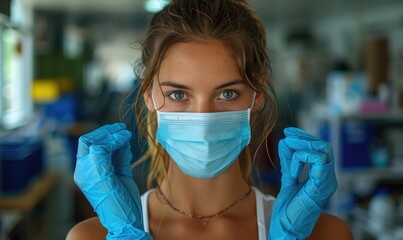 Medical clinic. A nurse in a medical mask and gloves on her arms
