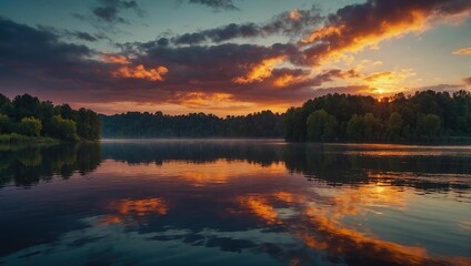 stunning sunrise over the lake with vibrant colors reflecting in the water