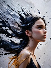 art portrait. girl with liquid paint hair