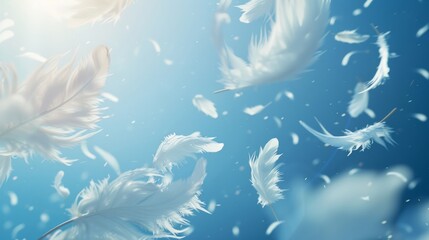 Fototapeta na wymiar Feathers of Serenity: White Feathers Falling in Blue Sky Generative AI