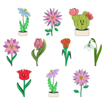 Set of flowers with eyes. Tulip, freesia, sparaxis, snowdrop, cactus, chamomile, cartoon flowers. Laughing flower with cheerful eyes. Vector doodle happy laughing retro flower with eyes.