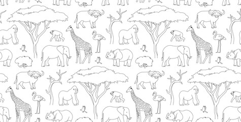 Fototapeta na wymiar African animal vector seamless pattern. Exotic animals and trees line art illustration. Black and white outline wallpaper. Coloring page design.