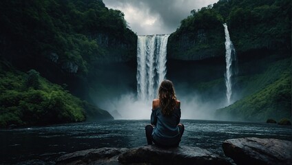Woman overlooking waterfall background