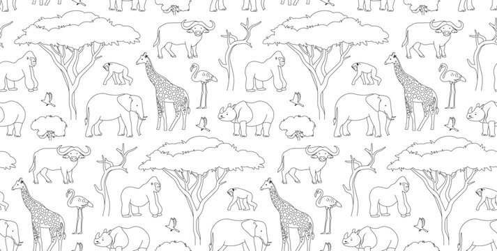 African animal vector seamless pattern. Exotic animals and trees line art illustration. Black and white outline wallpaper. Coloring page design.