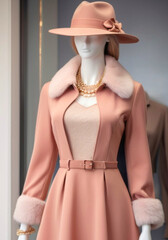 mannequin dressed in a pink suit and a hat, coquette style