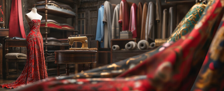 wide banner of women fashion dress design studio or atelier workshop for fashion house and custom tailor clothing talent small business - Powered by Adobe