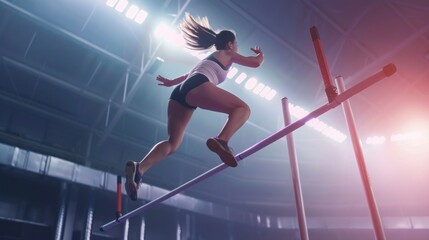 Fototapeta na wymiar beautiful woman doing a pole vault in a training stadium with lights and smoke in high resolution