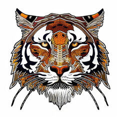 A drawing of a tiger's head Embroidery on white background