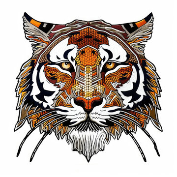 A drawing of a tiger's head Embroidery on white background