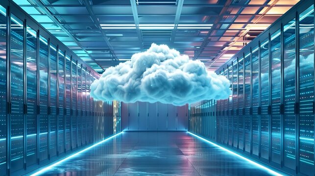 Illustration of a cloud floating in a data server room. Digital storage cloud in a data center room for modern solutions.