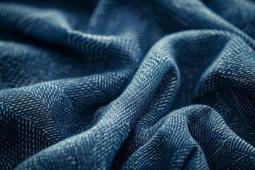 Close-up of a textured blue denim fabric with a rich color.