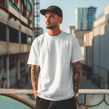 Hipster male model wearing white blank t-shirt with space for your logo and tshirt design mockup template