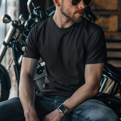 Biker male model with motorcycle wearing blank black t-shirt mockup template for your tshirt design and copy