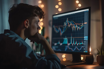 Analyzing Financial Data on Computer Screen in Cozy Evening Atmosphere