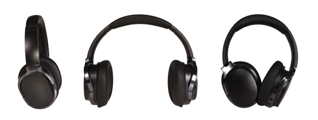 A set of black wireless headphones on a white isolated background