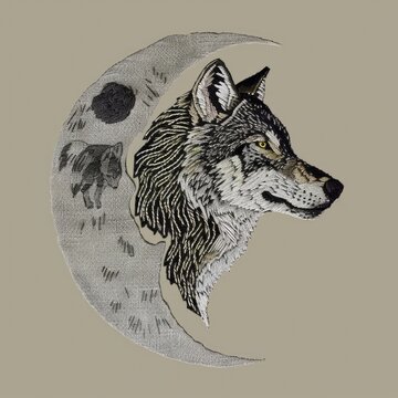 A drawing of a wolf on a half moon, embroidery on white background