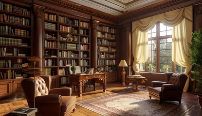 A large, cozy study room with bookshelves and vintage furniture