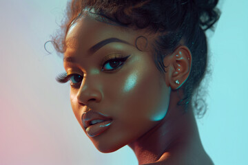 A beautiful young Black woman with long eyelashes and iridescent makeup on pastel background