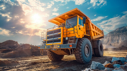 A large yellow dump truck on a mining site, with a dusty background and piles of earth, industrial equipment in action
