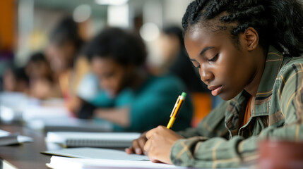 Aluna afro-americana escrevendo em um caderno enquanto está sentada à mesa na biblioteca - obrazy, fototapety, plakaty
