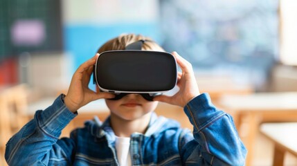 Boy Exploring Virtual Reality Technology in Modern Classroom Generative AI