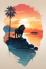 Lion Standing on Rock in Front of Sunset. Generative AI.