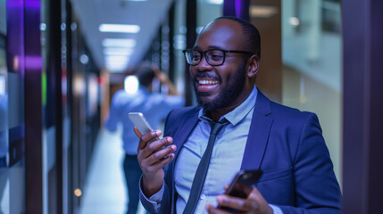 Retrato de um empresário afro-americano sorridente usando telefone celular no escritório - obrazy, fototapety, plakaty