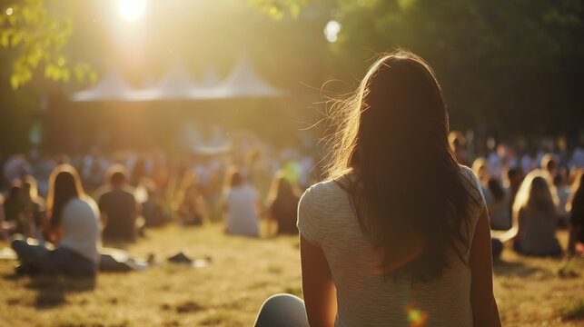 Jovem sentada na grama e assistindo a um concerto no parque