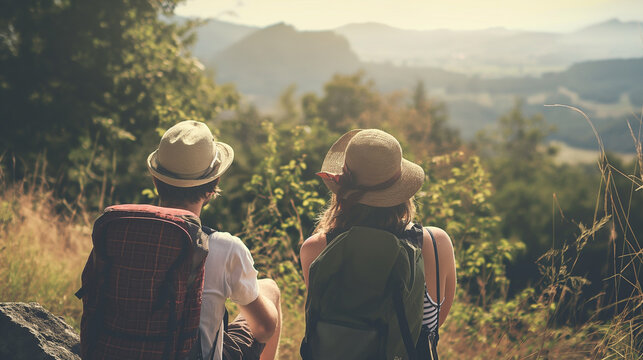 Casal jovem caminhando nas montanhas. Vista traseira do homem e da mulher com mochilas olhando a bela paisagem.