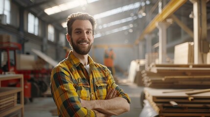 Confident Carpenter Showcasing His Work at Modern Factory Generative AI
