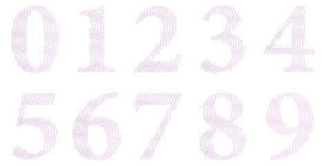 Set of numbers isolated on white. Alphabet with numbers. Vector graphic elements for design. Waves and lines. Pink color