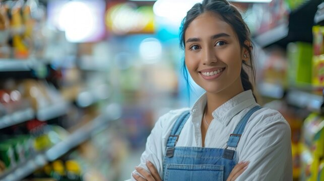 Smiling Female Supermarket Worker Posing for Portrait Generative AI