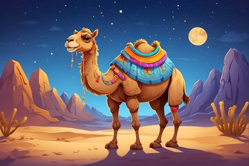 A Camel Standing in the Desert at Night. Generative AI. - obrazy, fototapety, plakaty