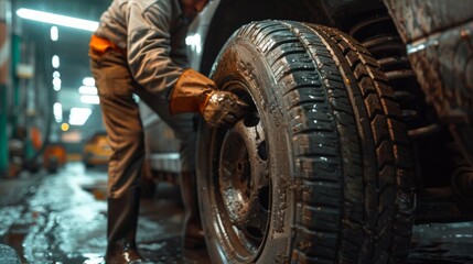 Expert Tire Mechanic Inspecting Worn-out Tires at Car Wash Generative AI
