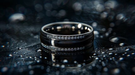 Fototapeta na wymiar Platinum jewelry. Product shoot, macro shot, platinum wedding ring with diamond on shiny black surface. Dark background.