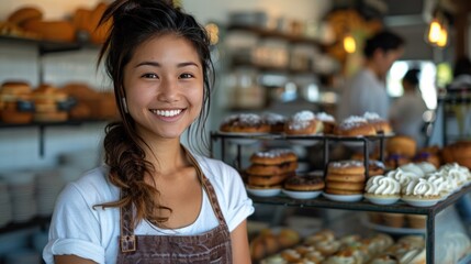 A female baker and entrepreneur, the owner of a startup small business, is pictured at the counter of her bakery