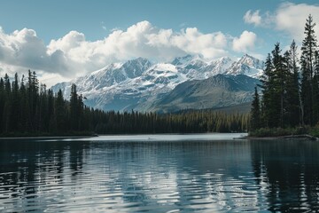 Naklejka premium Lake Surrounded by Trees With Mountain in Background