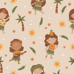 vector seamless pattern of cute hula dancers