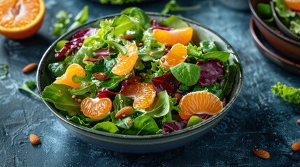 A vibrant salad with mixed greens, mandarin oranges, almonds, and a citrus vinaigrette.