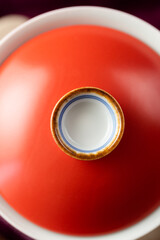 Red porcelain gaiwan, top view - 746797939