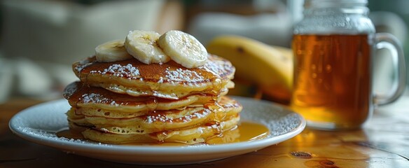 banana pancakes in front of white cup