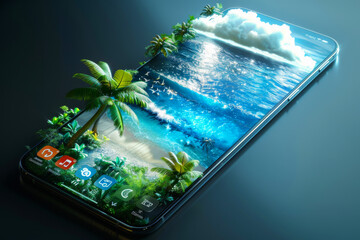 The 3D user interface interface combines as natural elements such as beach, sea, palms , mountains, trees and clouds that come out of the cellphone
