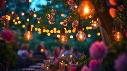Fototapeta na wymiar A garden party with fairy lights, flowers, and guests enjoying the summer evening