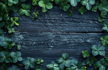 green shamrock leaves on black wooden background - 746798308