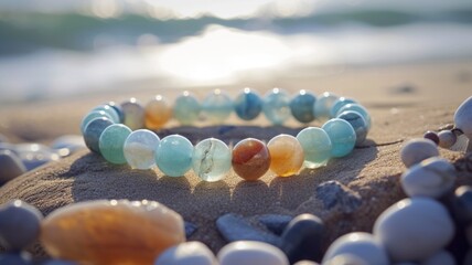 Close-up of a colorful beaded bracelet, highlighting a variety of polished stones with different patterns and hues