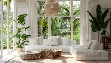 Interior of a modern white living room with white sofas and beautiful decorative plants


