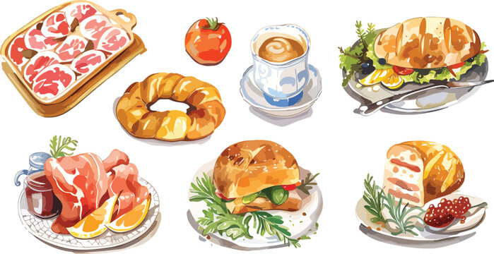 Set of Breakfast food doodle in watercolor style vector illustration on white background. It can be used for card, postcard, cover, invitation, mothers day card, birthday card, menu