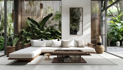Render of the living room in a modern, eco-friendly white house, adorned with plants and beautiful details
